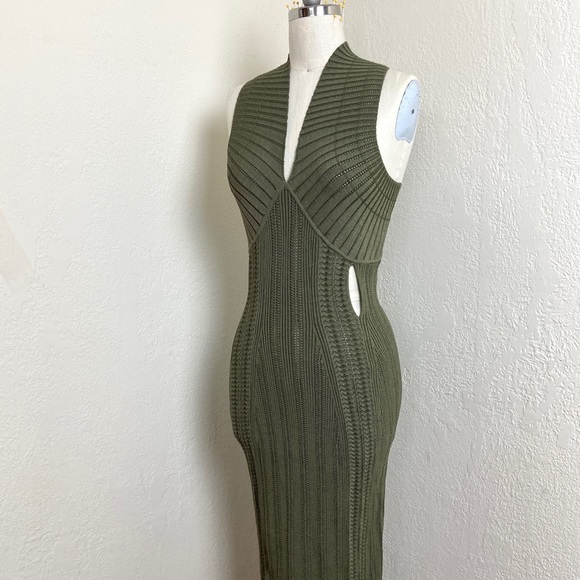 $980 Dion Lee Cutout Snake Effect MIDI Olive Ribbed Dress - Picture 4 of 14